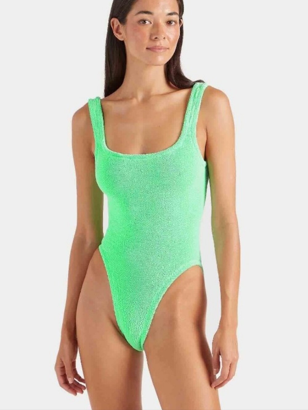 Vintage Hunza G Faded Lime Green One Piece Swimsuit Muted Crinkle As Is 90s